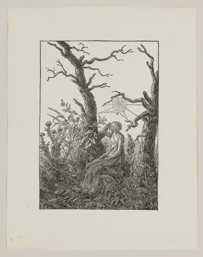 Seated Woman with a Spider's Web (Die Frau mit dem Spinnennnetz zwischen kahlen Baumen)