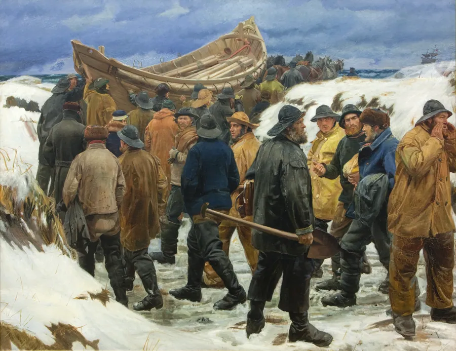 Redningsbåden køres gennem klitterne by Michael Ancher