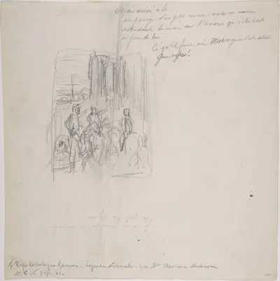 Three figures on horseback with indications at right
