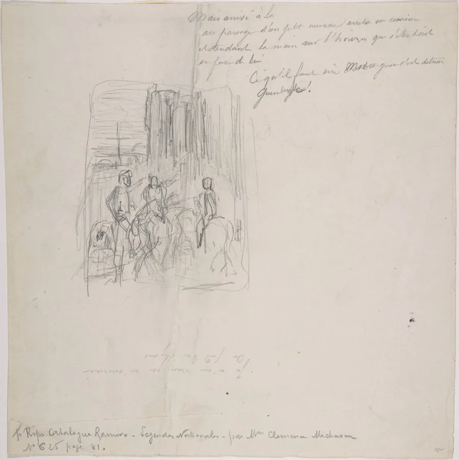 Three figures on horseback with indications at right by Félicien Rops
