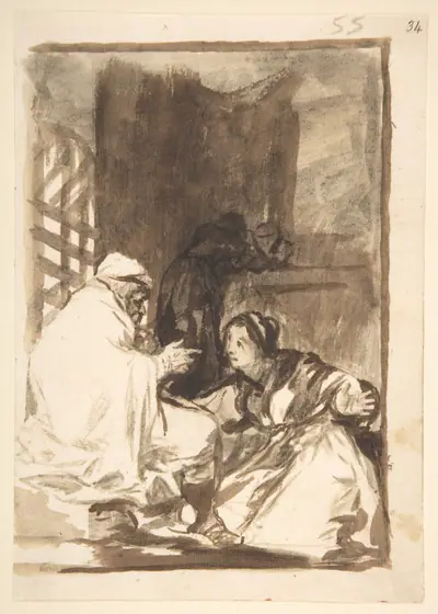 A woman kneeling before an old man; page 55 from the 'Images of Spain' album (F)