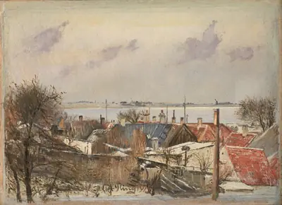 Udsigt over Sankt Jørgensbjerg og Roskilde Fjord. Vinterdag