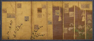 Folding screens mounted with poems from the anthology, Shin kokinshu 新古今集和歌色紙貼付屏風 (一双、画像:左隻のみ)