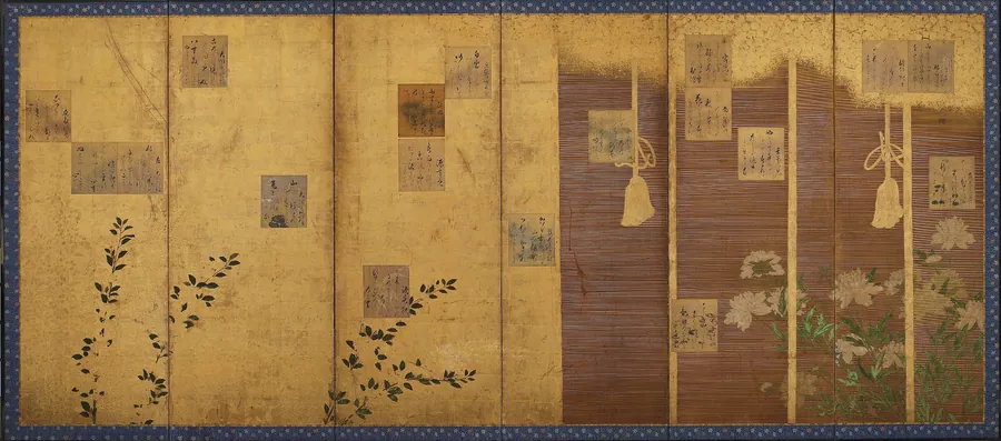 Folding screens mounted with poems from the anthology, Shin kokinshu 新古今集和歌色紙貼付屏風 （一双、画像：左隻のみ） by Hon'ami Koetsu 本阿弥光悦 (1558-1637)