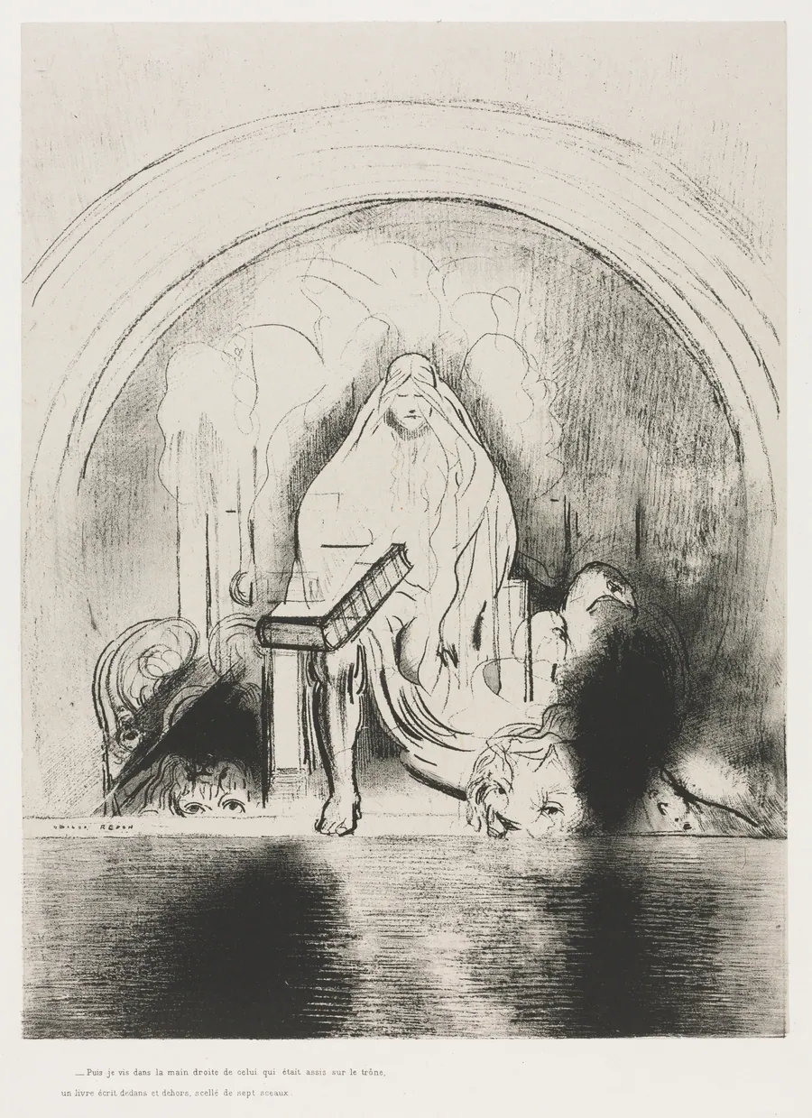 And I Saw in the Right Hand of Him that Sat on the Throne a Book Written within and on the Backside, Sealed with Seven Seals by Odilon Redon