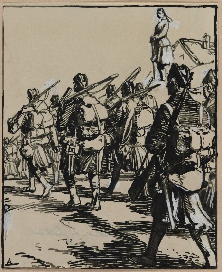 Bataille des frontières: groupe des soldats britanniques by Auguste Louis Lepère