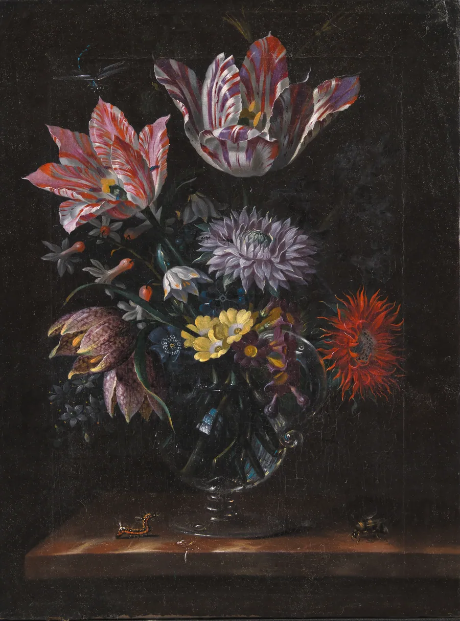 En glasvase med blomster by Jacob Marrel
