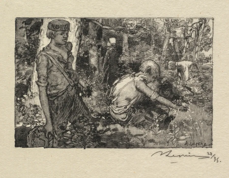 Fontainebleau Forest: Gatherine Lily-of-the-Valley (La Forêt de Fontainebleau: La Cueillette du Muguet) by Auguste Louis Lepère