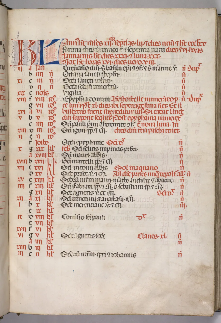Missale: Fol. 3r: January Calendar Page by Giapeco Caporali