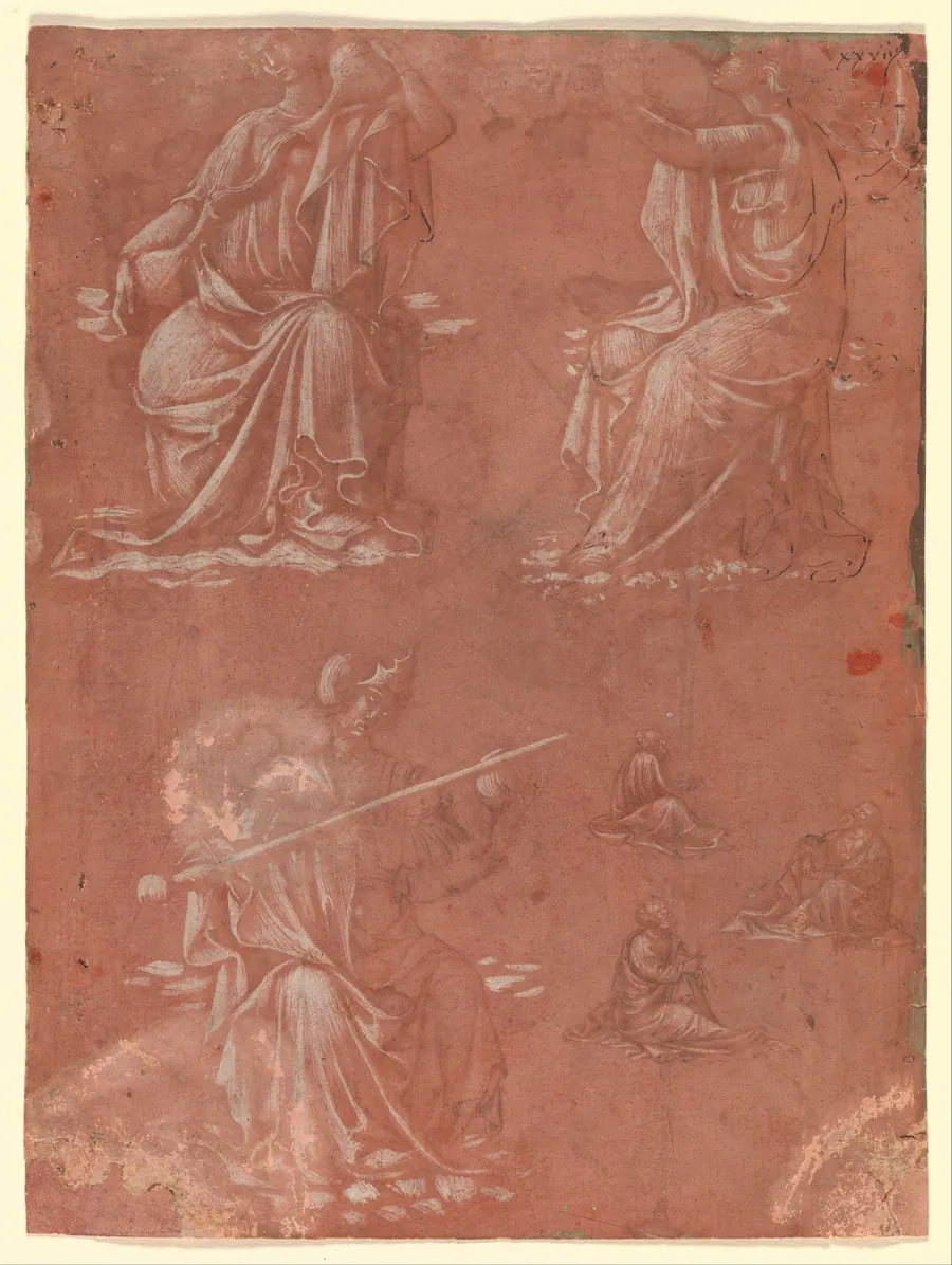 Three Virtues (Temperance, Hope, and Fortitude or Justice) and Studies of a Seated Man by Lorenzo Monaco (Piero di Giovanni)