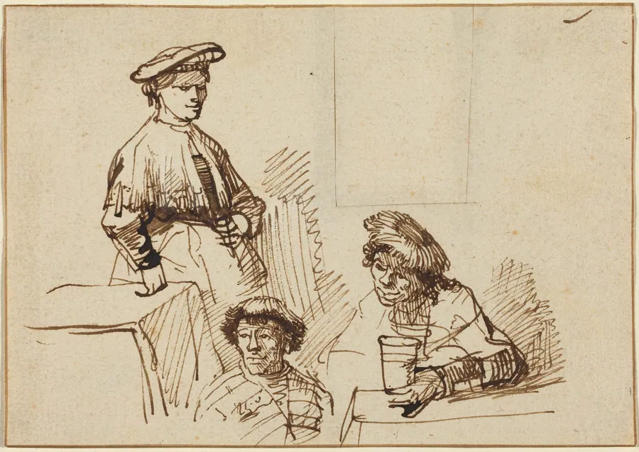 Sketches from a Tavern: Woman Standing and Two Men Seated by Rembrandt van Rijn