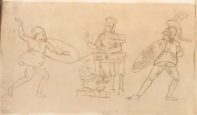 Comic Warrior, Seated Woman, and Figure with a Shield