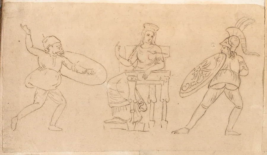 Comic Warrior, Seated Woman, and Figure with a Shield by Jacques-Louis David