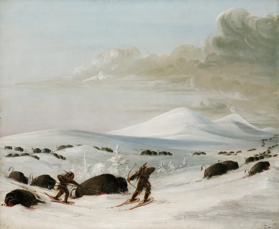 Buffalo Chase in Snowdrifts, Indians Pursuing on Snowshoes by George Catlin, born Wilkes-Barre, PA 1796-died Jersey City, NJ 1872
