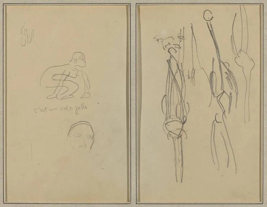 Crouching Monkey and Man's Head; Bones and Muscles [verso] by Paul Gauguin