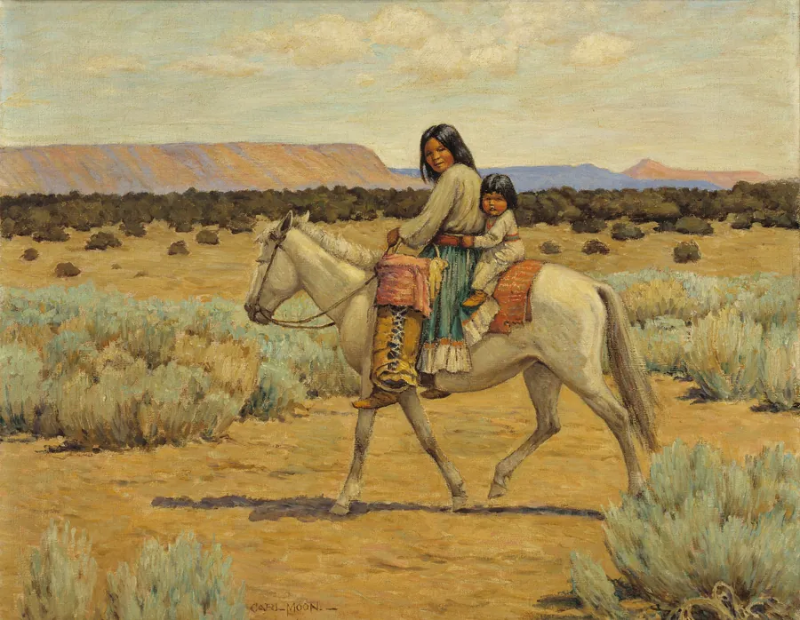 Apache Mother and Children on Horseback by Carl Moon, born Wilmington, OH 1879-died San Francisco, CA 1948