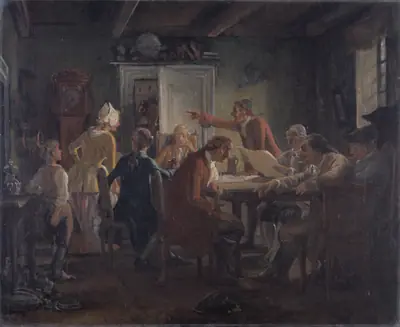Collegium Politicum. Fra Ludvig Holbergs Den Politiske Kandestøber, 1. Akt, 2.Scene.