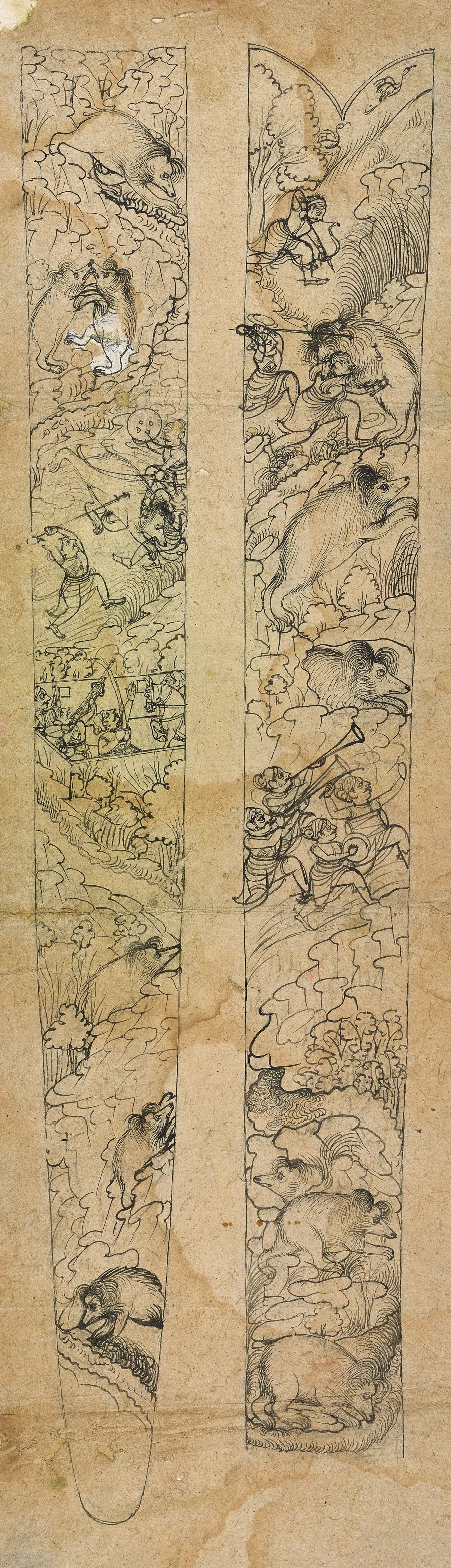 A raja hunting wild boars, design for a scabbard by Attributed to Shevdar Gangeyagi (active 1740-1770)
