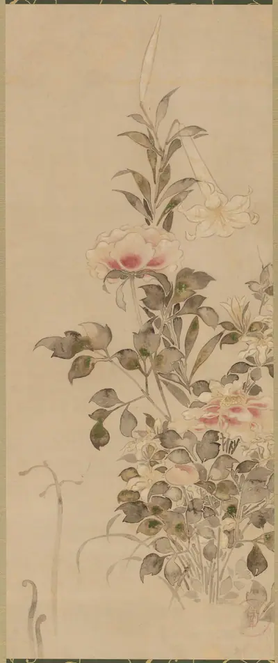 Peonies and lilies 芍薬と百合図