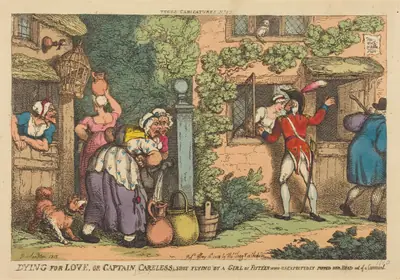 Dying for Love, or Captain Careless shot flying by a Girl of Fifteen, who Unexpectedly Popped her Head out of a Casement
