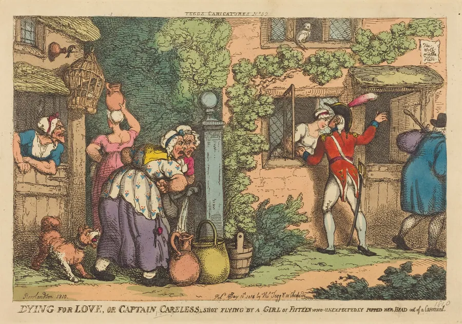 Dying for Love, or Captain Careless shot flying by a Girl of Fifteen, who Unexpectedly Popped her Head out of a Casement by Thomas Rowlandson
