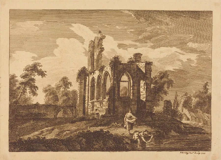 Ruins with Two Women Washing Clothes in a River by Paul Sandby