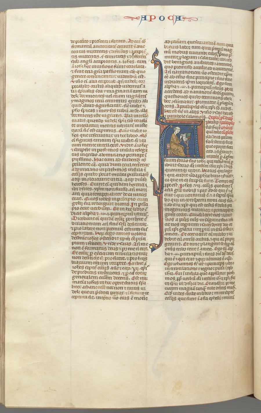 Fol. 482v, Revelations, historiated initial A, John seated at a desk writing to the Seven Churches of Asia