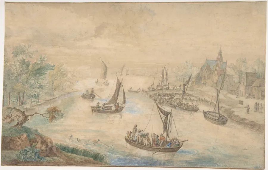 Landscape with River in the Center, with Ferryboat by Anonymous, Flemish, 18th century