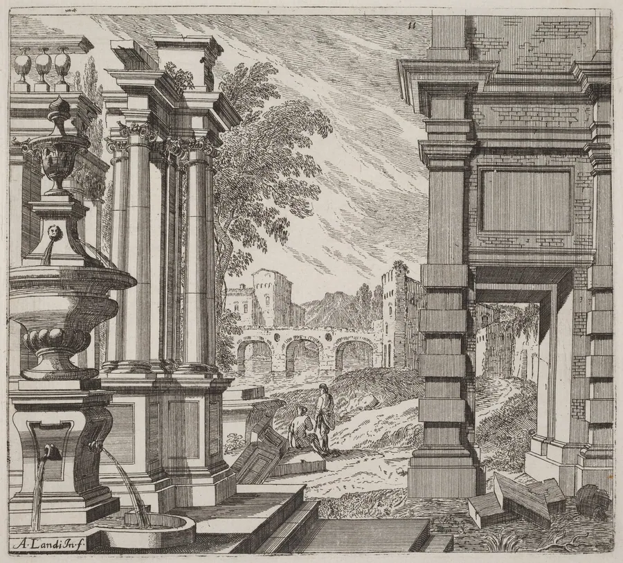 Architectural Fantasy with a Fountain, Classical Ruins, and a Bridge by Giuseppe Antonio Landi