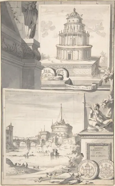 Reconstruction of the Mausoleum of Hadrian (above) and a View of the Castel S. Angelo (below)