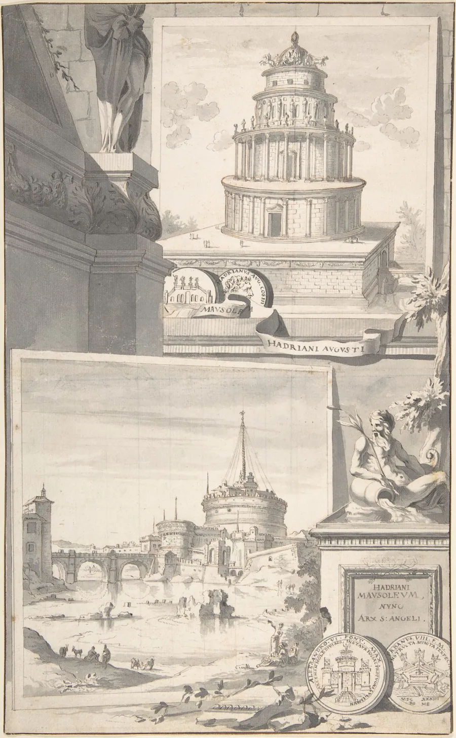 Reconstruction of the Mausoleum of Hadrian (above) and a View of the Castel S. Angelo (below) by Jan Goeree