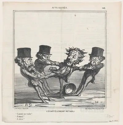 The quartering reinstated: Give me your vote! To me! No, to me!, from 'News of the day,' published in Le Charivari, May 8, 1869