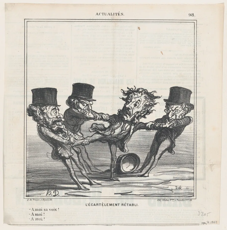 The quartering reinstated: Give me your vote! To me! No, to me!, from 'News of the day,' published in Le Charivari, May 8, 1869 by Walter Frères