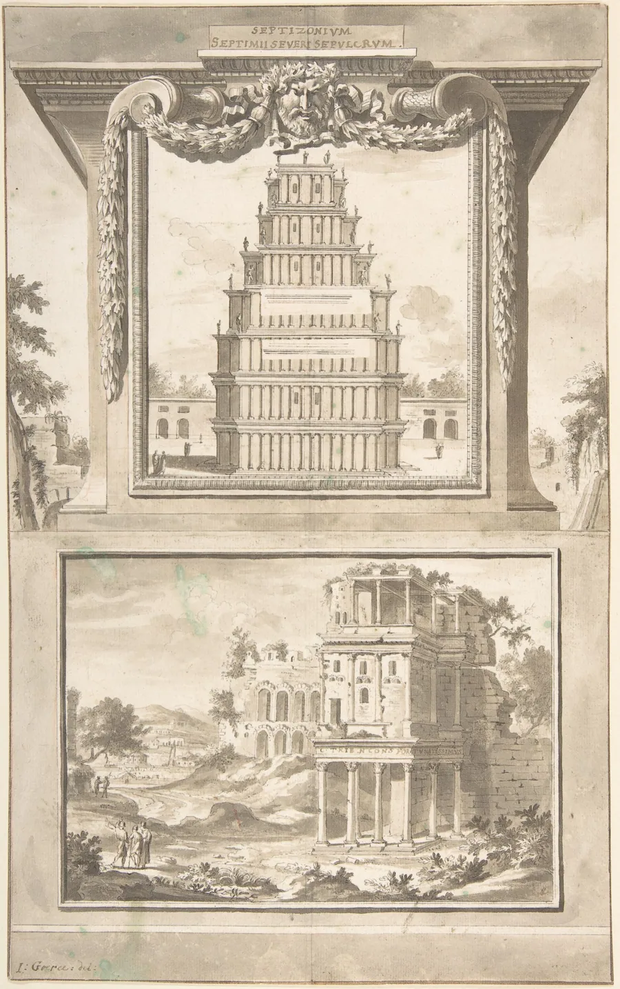 Reconstruction of the Monument to Septimius Severus (above), View of the Ruins (below) by Jan Goeree