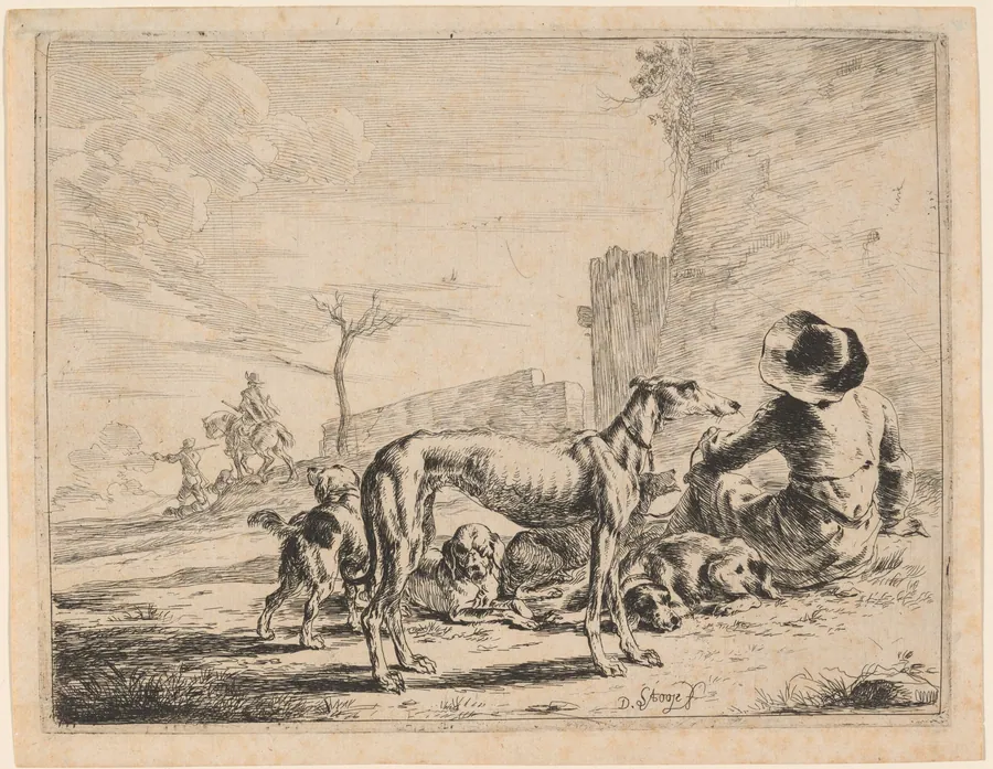 A Seated Man with a Pack of Dogs by Dirck Stoop
