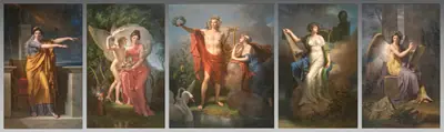 Polyhymnia, Muse of Eloquence; Erato, Muse of Lyrical Poetry; Apollo, God of Light, Eloquence, Poetry, and the Fine Arts with Urania, Muse of Astronomy; Calliope, Muse of Epic Poetry; Clio, Muse of History