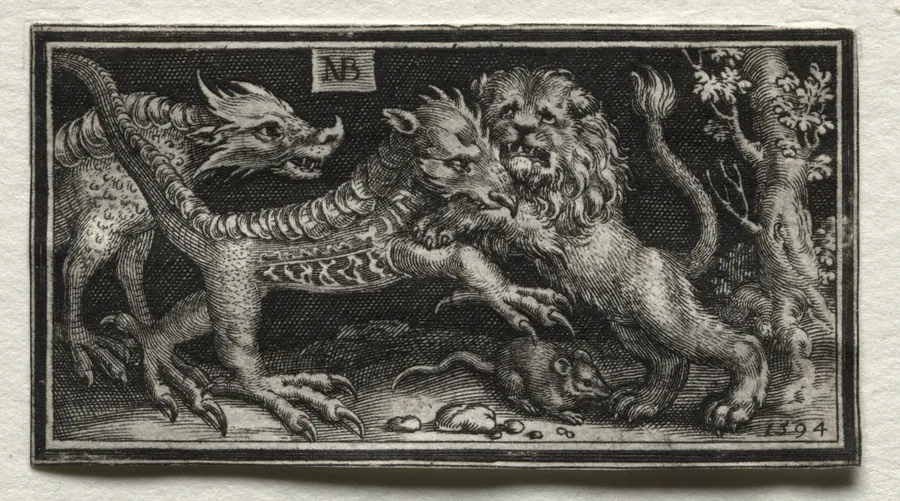 Lion Fighting two Beasts by Nicolaes de Bruyn