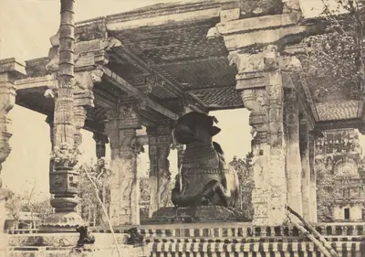 Great Pagoda, Great Bull, Front View, Tanjore, India (Rajarajeshvara Temple), plate 12 from Photographic Views of Tanjore and Trivady (Madras: Madras Presidency)