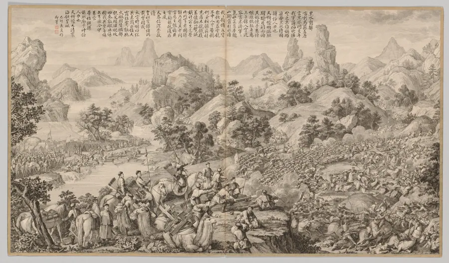 Breaking Through the Siege at Hesui: from Battle Scenes of the Quelling of Rebellions in the Western Regions, with imperial Poems by Giuseppe Castiglione