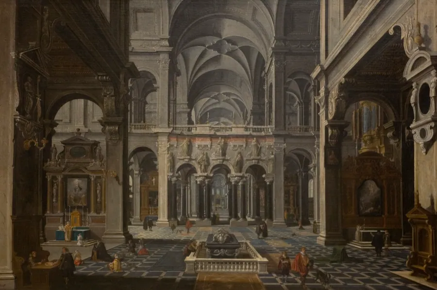 Det indre af en kirke by Bartholomeus van Bassen