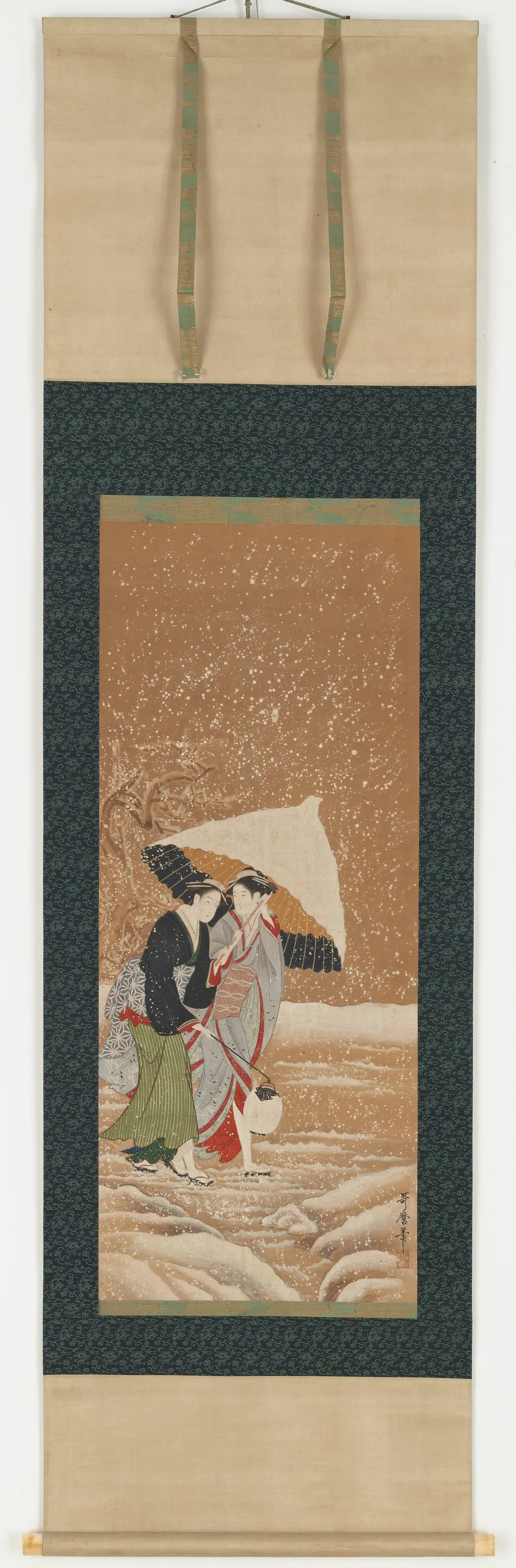 Two girls under umbrella in snowstorm by Style of Kitagawa Utamaro 喜多川歌麿 (1753-1806)