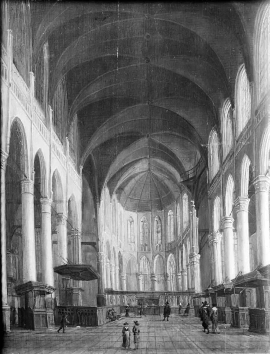 Det indre af en gotisk kirke by Anthonie Beerstraaten