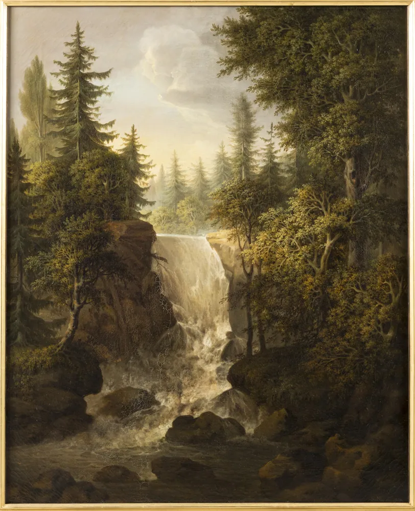 Skovrigt landskab med et vandfald by Samuel Mygind