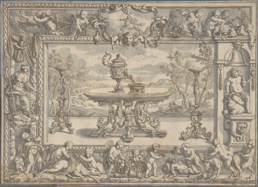 Design for an Ewer, table and candelabra within an ornamental frame by Abraham Drentwett the Elder