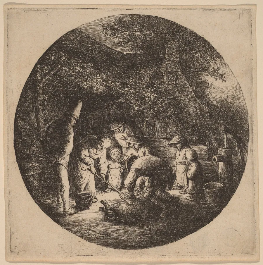 Peasants Outside a Farm Slaughtering a Pig by Adriaen van Ostade
