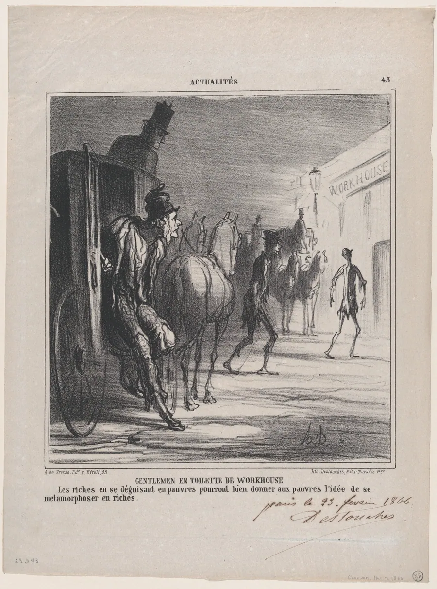 Gentlemen in workhouse clothes: If the rich are disguising themselves as poor, one might get the idea that the poor might transform themselves into the rich, from 'News of the day' by Aaron Martinet