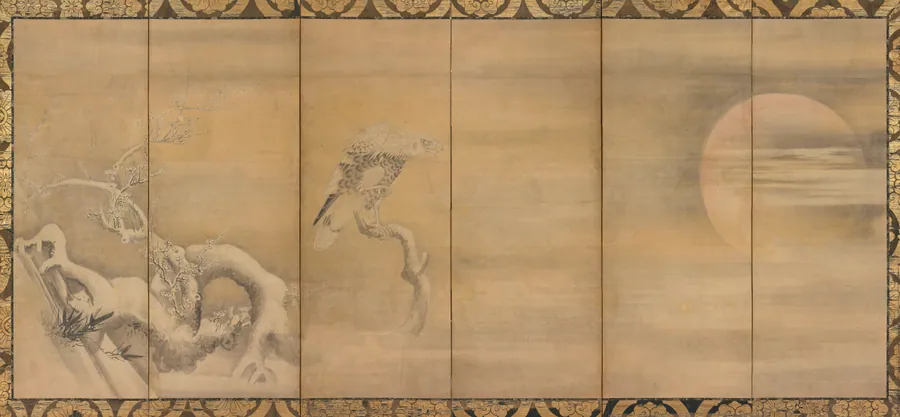An eagle on a snow-laden blossoming plum tree by Soga Nichokuan