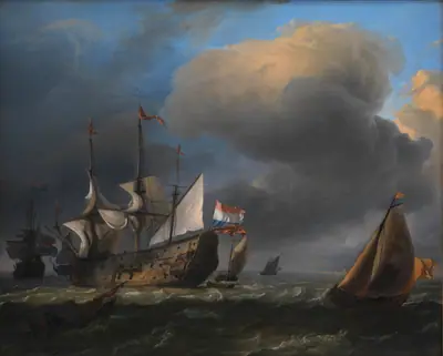 Marine med hollandske krigsskibe og fiskerbåde
