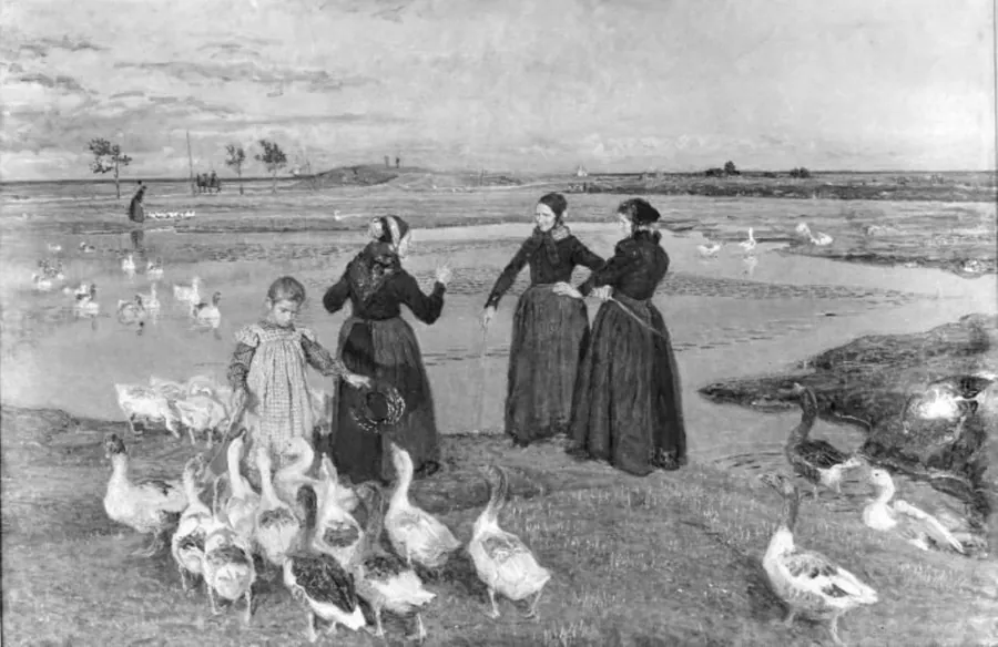 Før sol går ned. Dragør. Koner, en lille pige og gæs ved stranden by Viggo Johansen