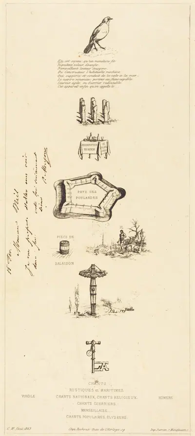 Rébus: "Béranger ne fut véritablement fort, car il n'eut jamais la clef des champs" (Rebus: "Beranger was not really strong, for he never had the key of the fields")